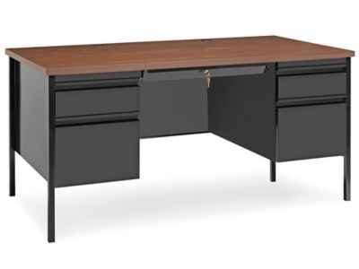 Office Desk Double Pedestal, Walnut and Black Metal Desk, Recessed Pulls