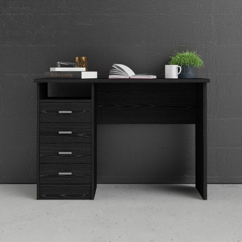 Office Desk, Four Drawers, Open Shelf, Black Woodgrain