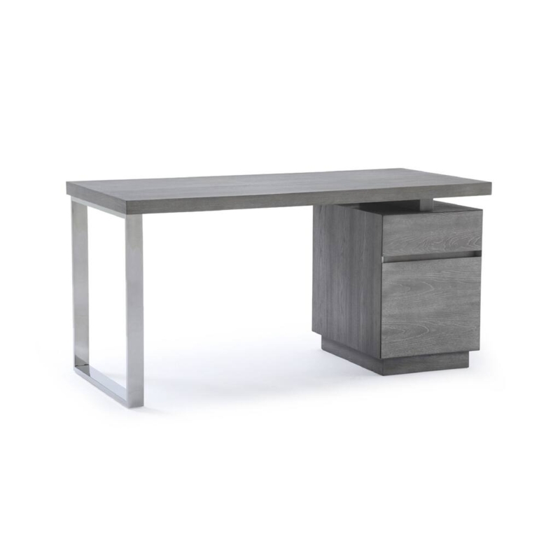 Office Desk Grey Silver Metal Frame Two Drawers Modern Minimalist