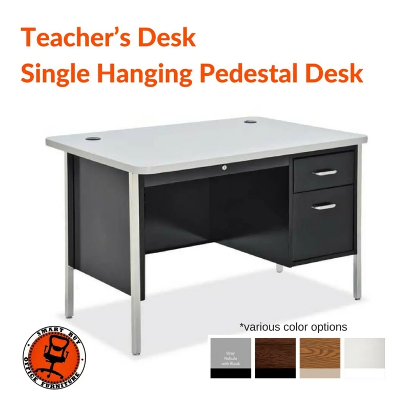 Office Desk Hanging Pedestal Light Wood Top Grey Metal Frame