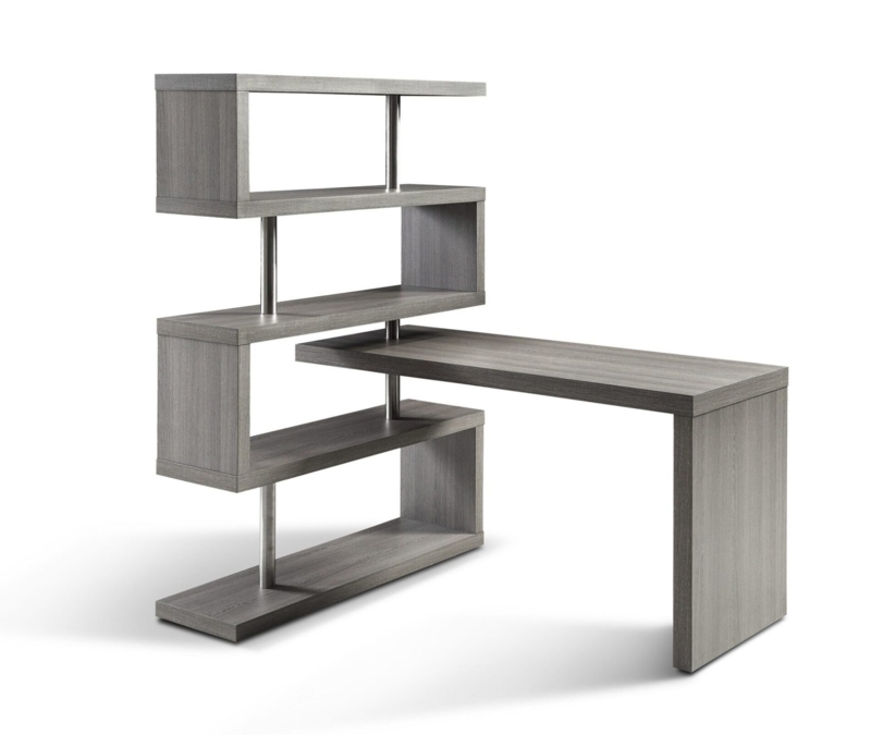 Office Desk Integrated Bookcase Lacquer Finish Slim Metal Supports Modern