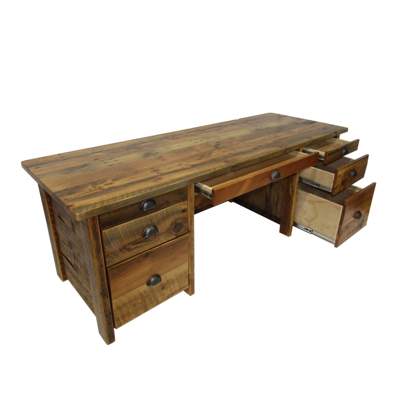 Office Desk L-Shaped Rustic Reclaimed Wood Pedestal Drawers Storage