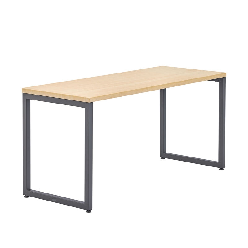 Office Desk Loop Legs Black Metal Frame Light Wood Toned Top Minimalist