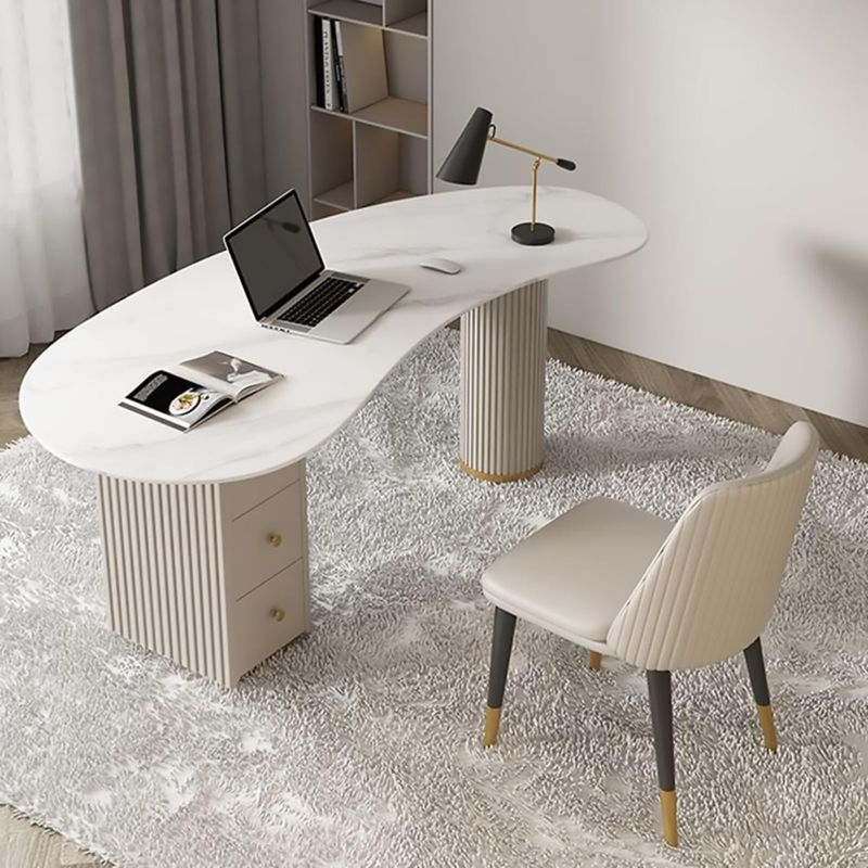 Office Desk Modern Bean Shaped White Stone Top Gold Metal Legs