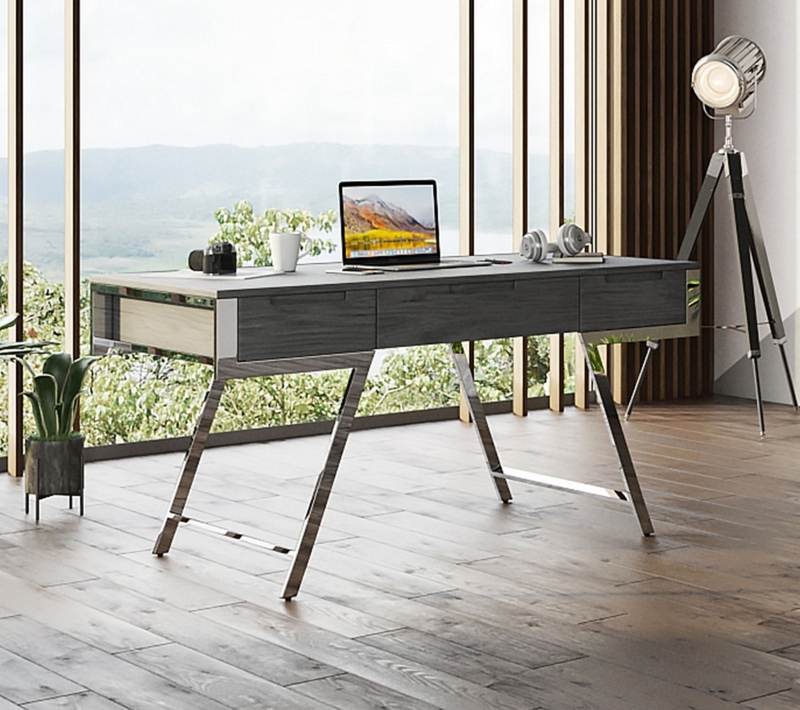 Office Desk Modern Grey Executive Block Legs Thick Top