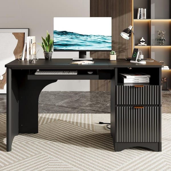 Office Desk, Monitor Riser, Built-In Outlets, Keyboard Tray