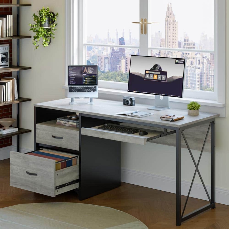 Office Desk Retro Grey Oak Monitor Stand Industrial Style