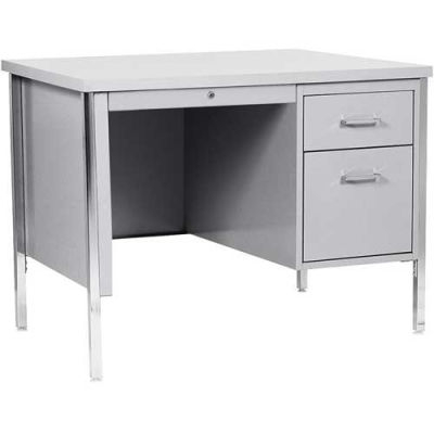Office Desk Single Pedestal, Monochromatic Gray, Steel, Industrial Desk