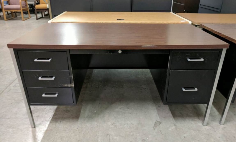 Office Desk Walnut Laminate Top, Black Metal Frame, Single Pedestal Desk
