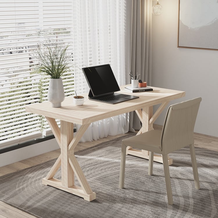 Office Desk Whitewashed Trestle Base X-Frame Bracing Wood Top