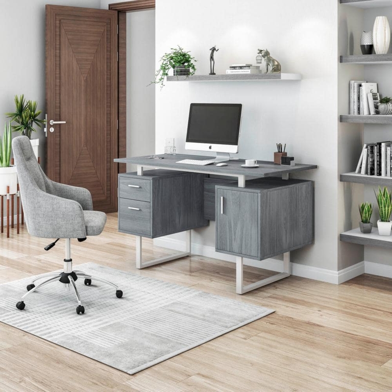 Office Desk with Silver Legs, Gray Finish Integrated Storage Cabinet.