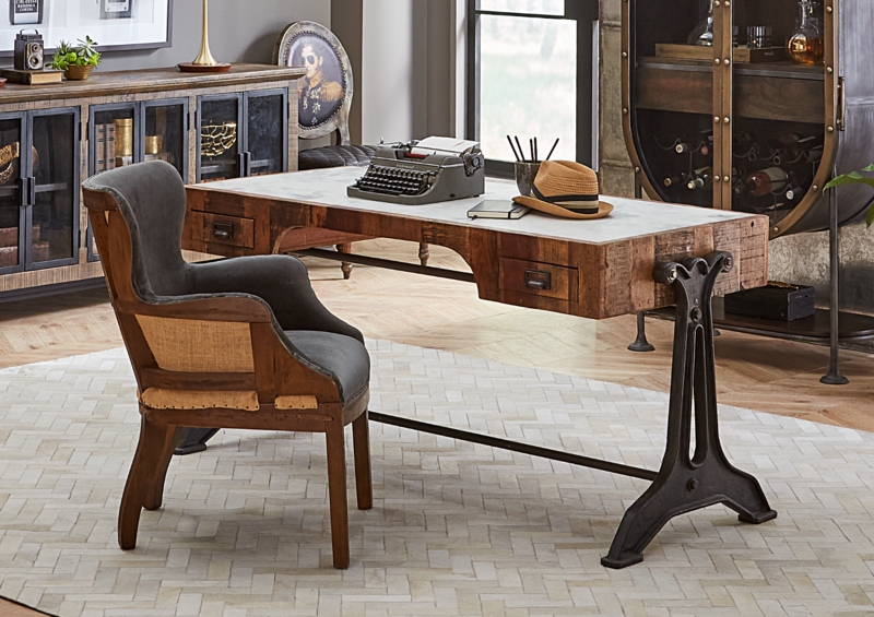 Office Desk with X-Frame Trestle Base and Thick Stone-Like Top.