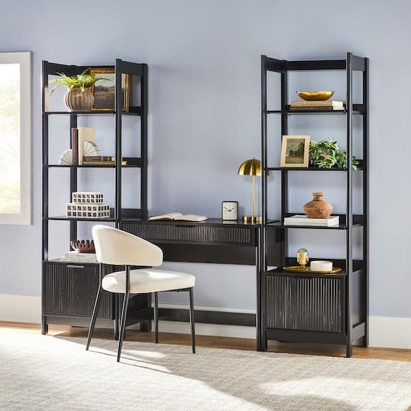 Office Set Black Reeded Drawers Narrow Bookcases Three Piece