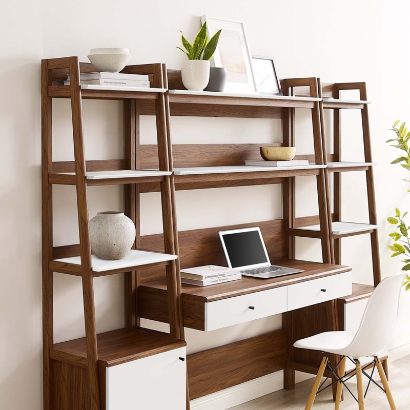 Office Set with Splayed White Legs, Walnut Finish