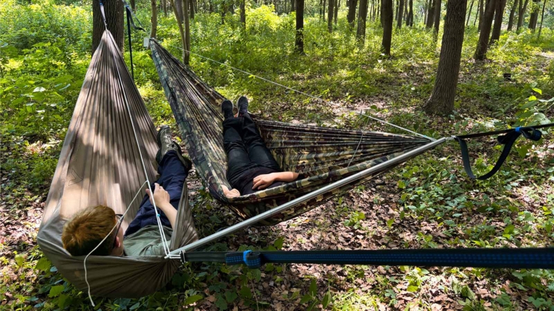 Olive Green Hammock Vertical Bunk Setup Stacked Camping Layout