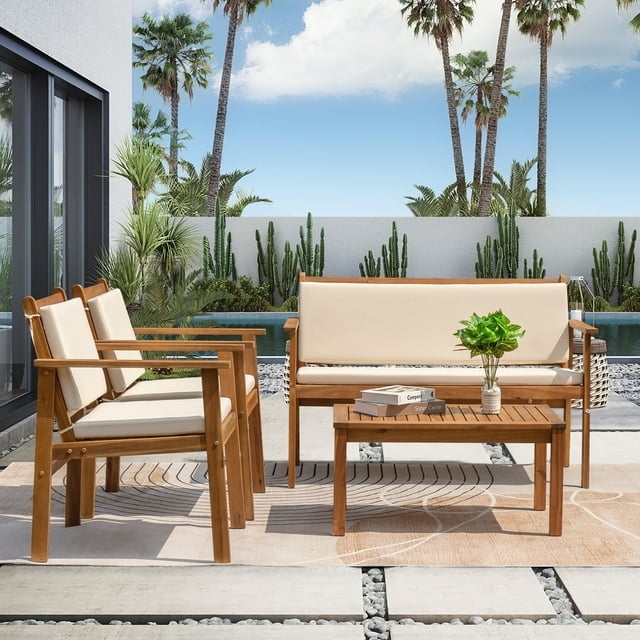 Organic Modern Patio Conversation Set featuring Tapered Acacia Legs