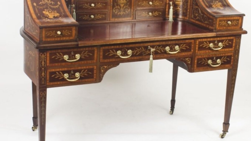 Ornate Pedestal Desk with Forest Green Inlay and Gold Tooling Details