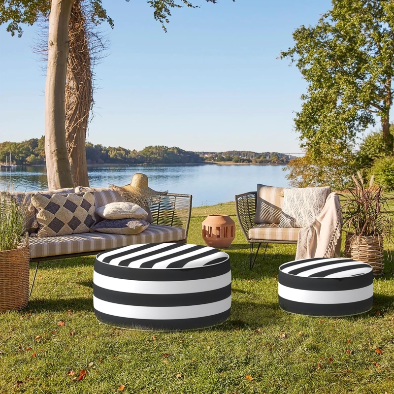 Ottoman Black Ribbed Surface Inflatable Design Portable Footstool
