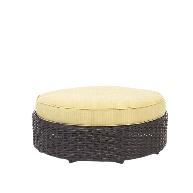Ottoman Drum Base Espresso Rattan Beige Cushion Coastal Patio Footstool
