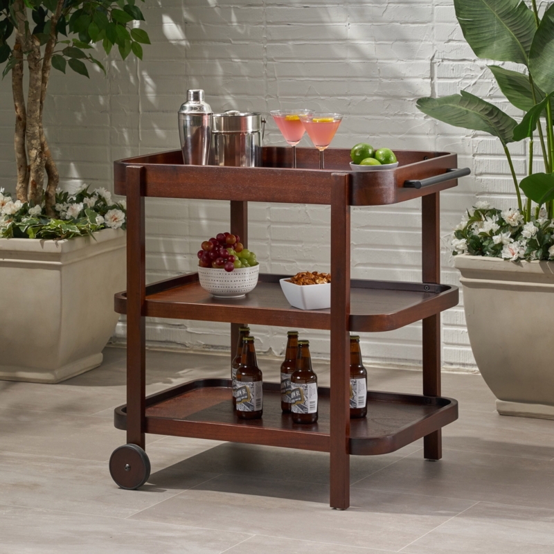 Outdoor Acacia Wood Bar Cart with Three Slatted Shelves and Wheels