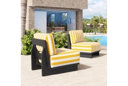 Outdoor Accent Chair Black Metal Frame Striped Poolside