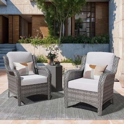 Outdoor Armchair Pair Modern Dark Gray Wicker with Tapered Metal Legs