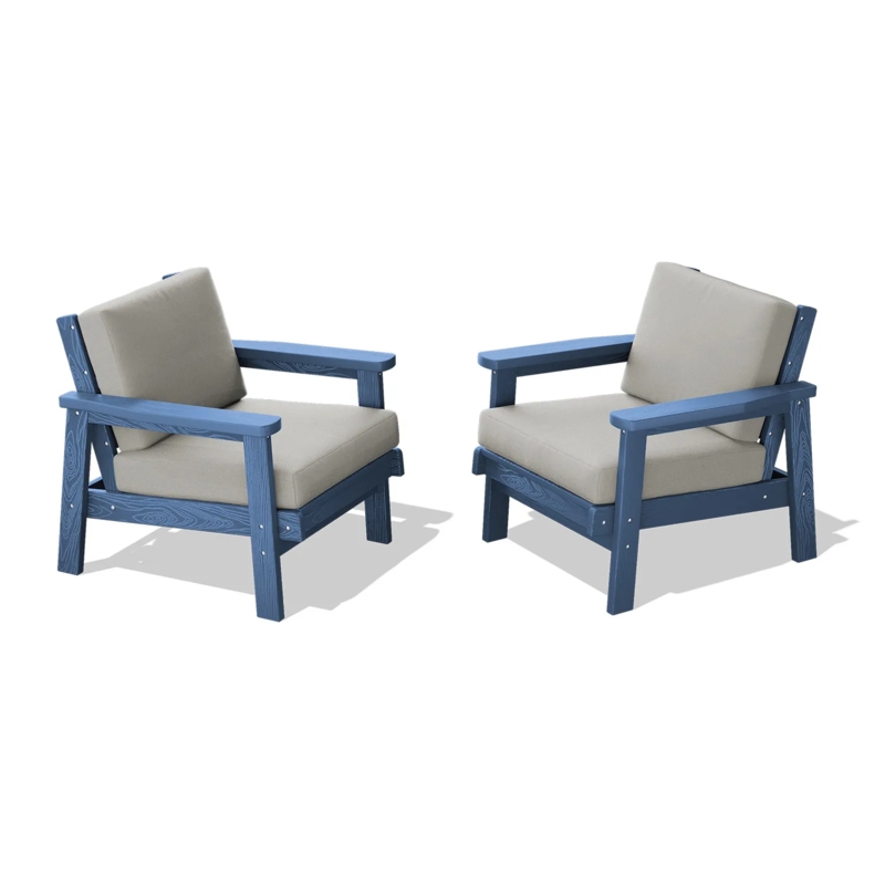 Outdoor Armchair Pair Navy Blue Frame Slatted Sides Khaki Cushions