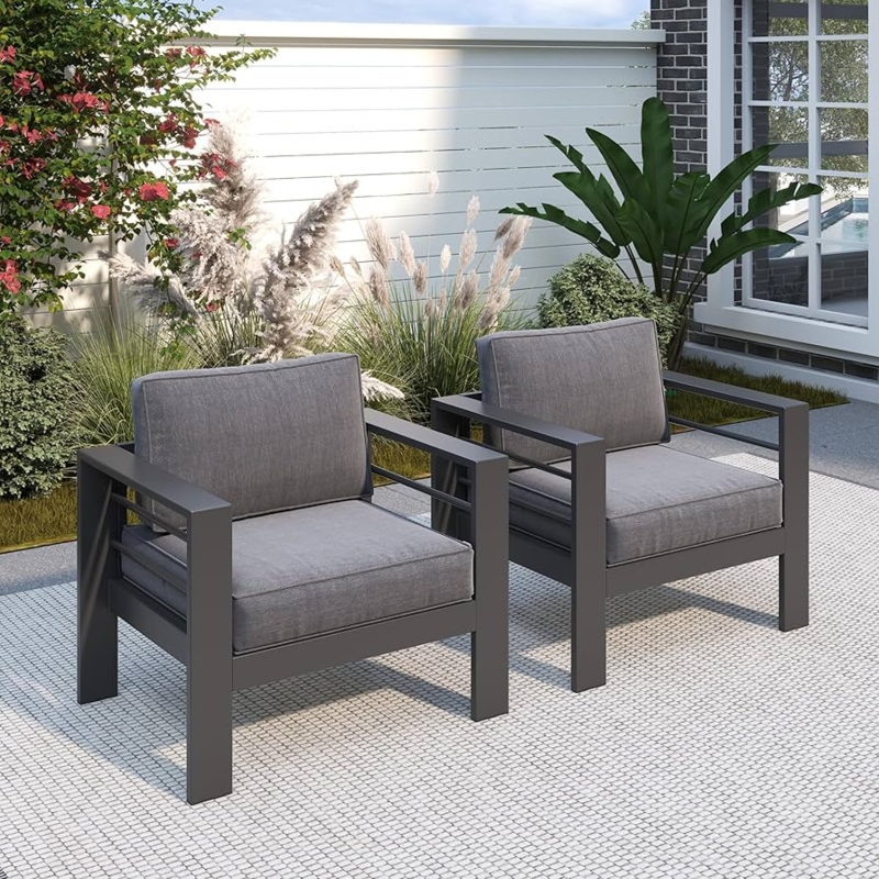 Outdoor Armchair Set with Charcoal Metal Frame and Square Arms