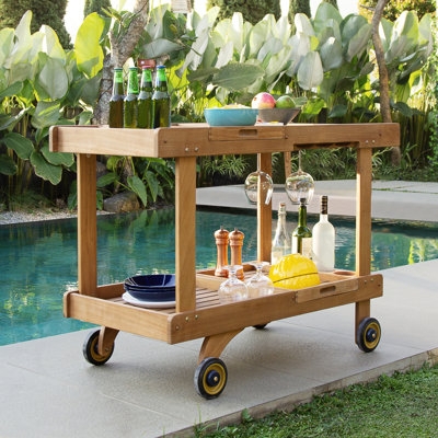 Outdoor Bar Cart Slatted Shelves Oversized Wheels Teak Toned Coastal