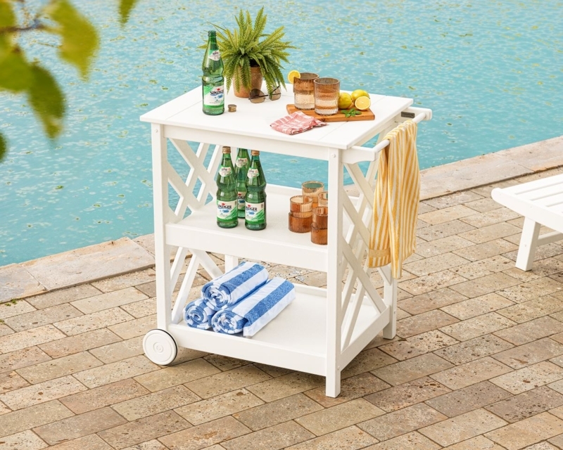 Outdoor Bar Cart with Slatted Wood Toned Shelves for Patio Setup