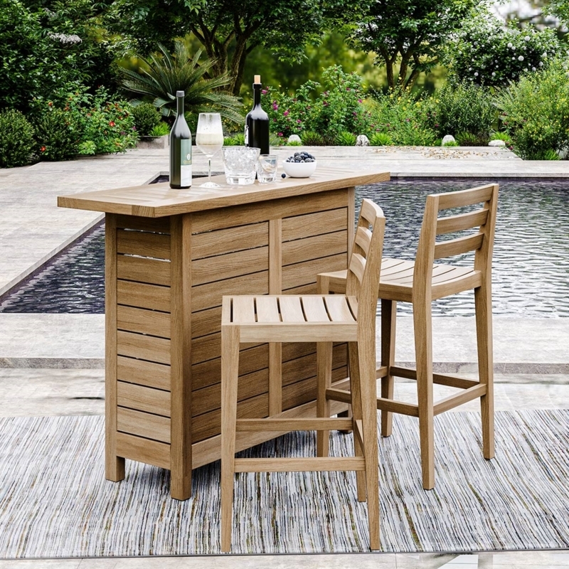 Outdoor Bar Set 3-Piece, Rustic Natural Wood, Backless Stools, Patio