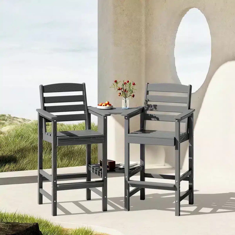 Outdoor Bar Set Brown Slat Back Connecting Table Poolside Patio