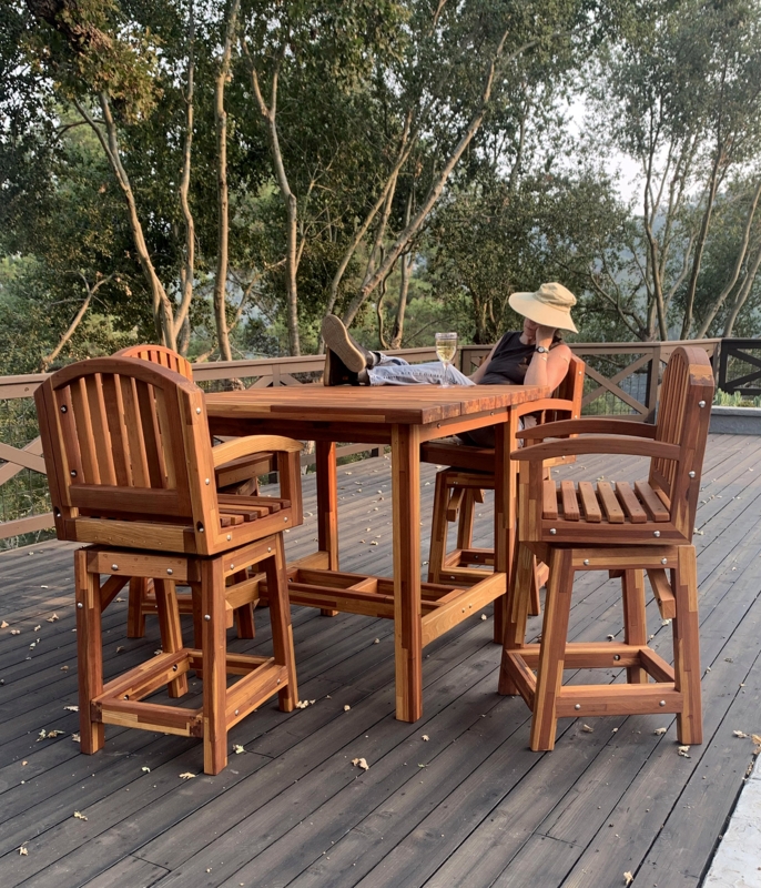 Outdoor Bar Set Redwood Finish Slatted Top Backless Rustic Deck