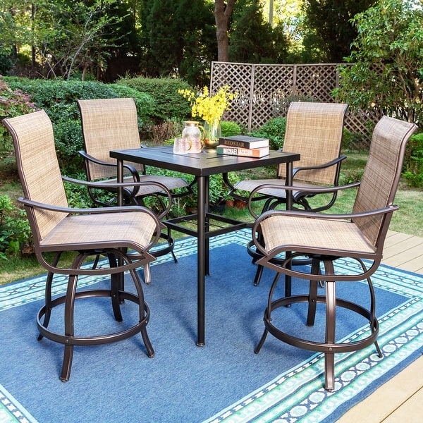Outdoor Bar Set Swivel Mechanism Textilene Mesh Pedestal Table