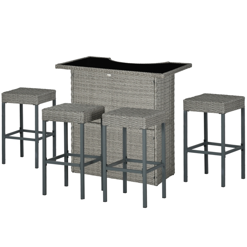 Outdoor Bar Set with Glass Top, Built-In Shelves, and Woven Texture