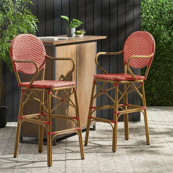 Outdoor Bar Stool Bamboo Print Metal Red White Weave Bistro Seating