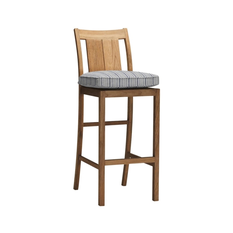 Outdoor Bar Stool Blue Striped Cushion Slatted Back Nautical Themed