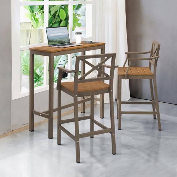 Outdoor Bar Stool Brown Slatted Poly Wood Metal Frame with Arms