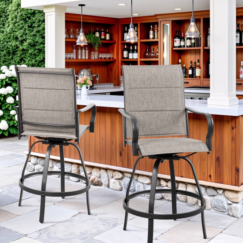 Outdoor Bar Stool Espresso Woven Rattan High Back Swivel Curved Arms