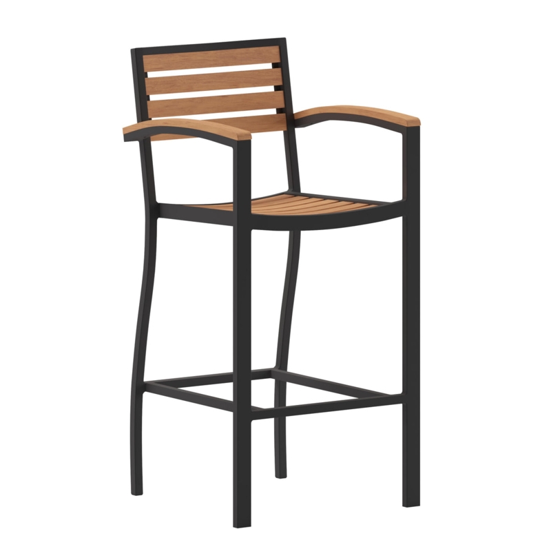 Outdoor Bar Stool Grey Wash Slats Black Armrests Coastal Deck