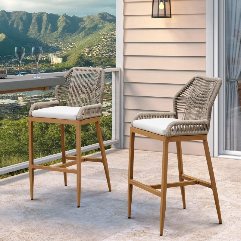 Outdoor Bar Stool Handwoven Wicker Aluminum Frame Modern Patio Seating