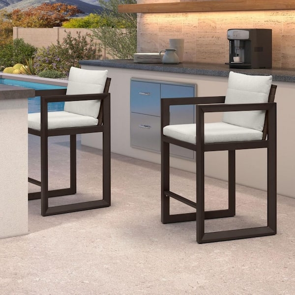 Outdoor Bar Stool Matte Bronze Metal with Gray Removable Cushions Modern