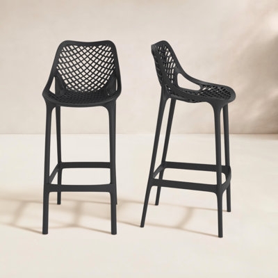 Outdoor Bar Stool Rope Weave Back Wood Toned Frame Charcoal Cushion