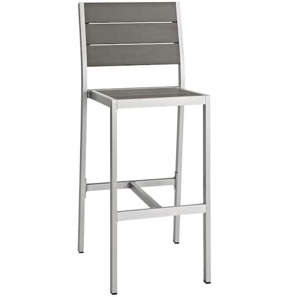 Outdoor Bar Stool Silver Aluminum Frame, Gray Slatted Patio Bar Seating