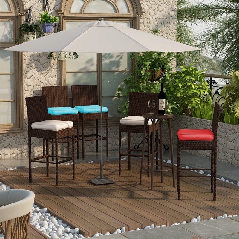 Outdoor Bar Stool Six Piece Set Vibrant Blue Cushions Geometric Pattern