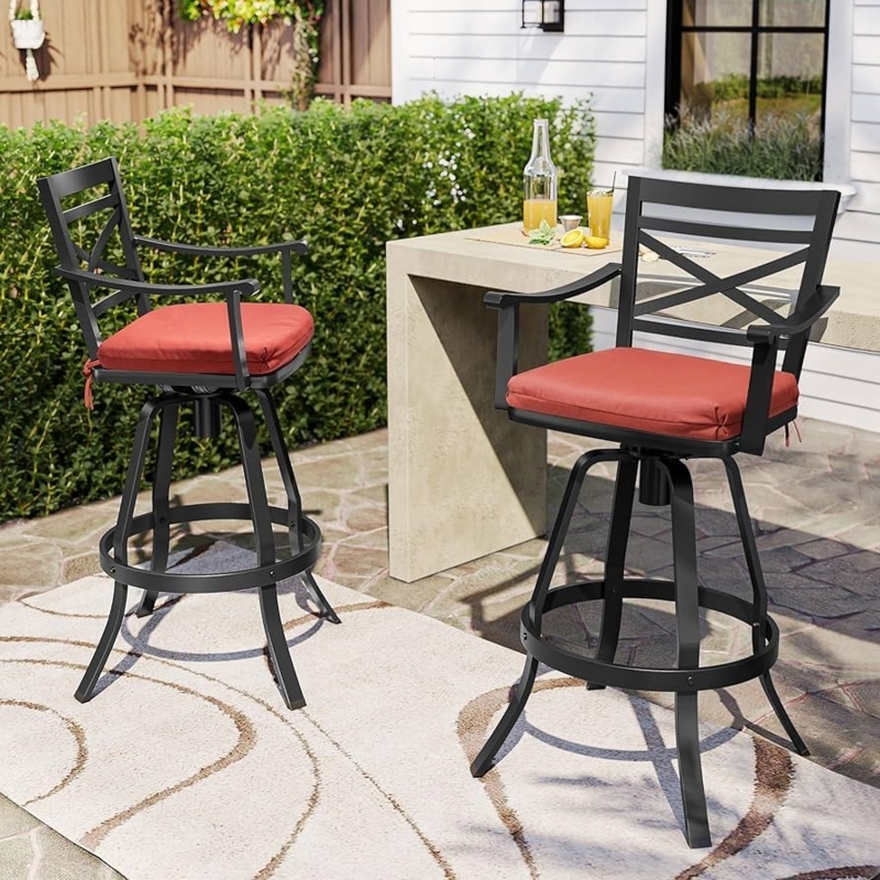 Outdoor Bar Stool Swivel Base Red Cushions Patio Seating