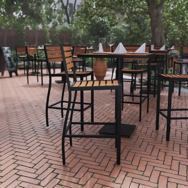Outdoor Bar Stool with Slats, Poly Resin, All Weather Design, Teak
