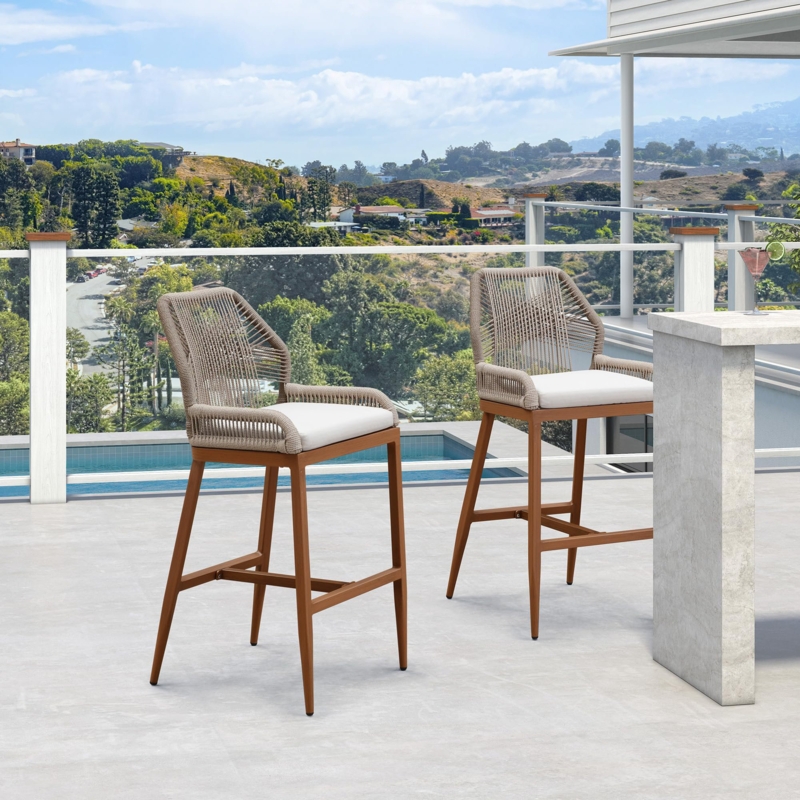 Outdoor Bar Stool Woven Texture High Back Dark Brown Poolside Set