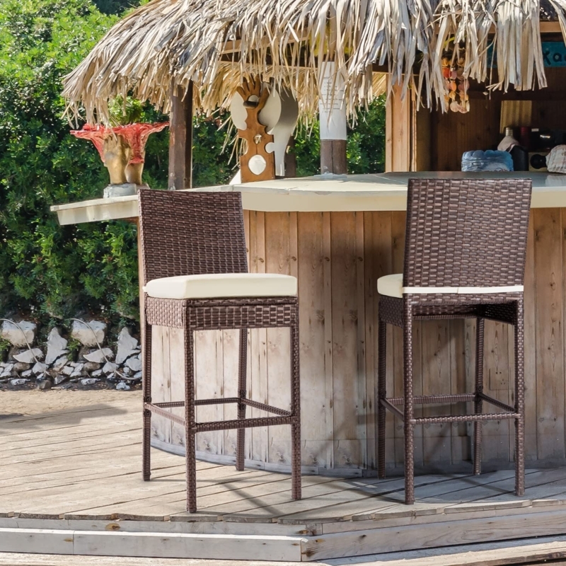 Outdoor Bar Stools Espresso Wicker Armless with Beige Cushions