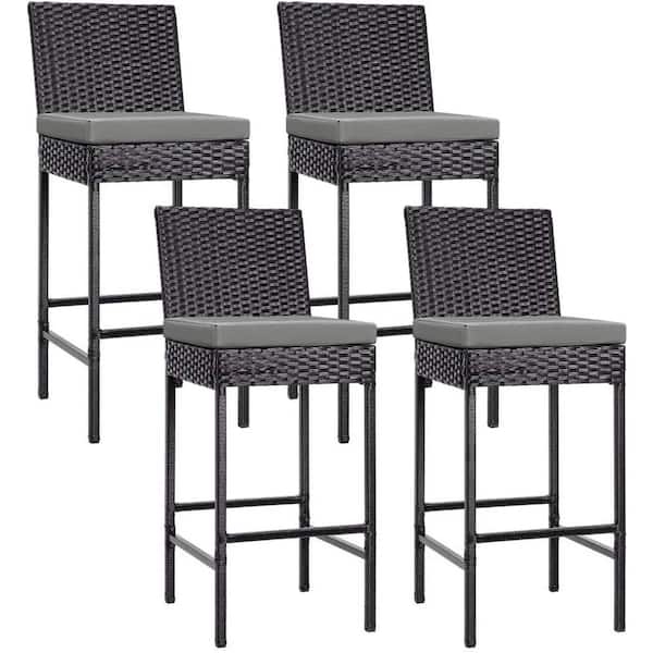 Outdoor Bar Stools Set of 4 Woven Rattan with Dark Grey Cushions